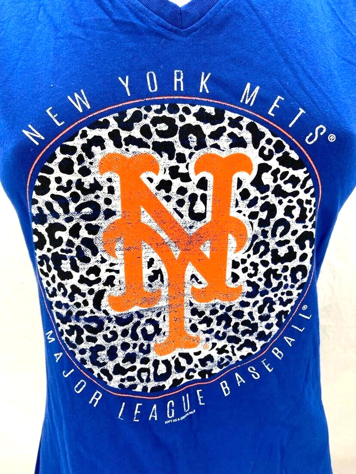 NEW NY New York Mets MLB Soft As A Grape Blue Cheetah SS V Neck Shirt Women's S - Image 2 of 4