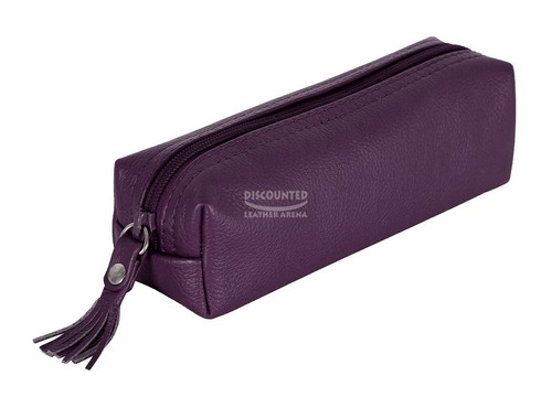 Genuine Leather Zipper Pencil Pen Case Glasses Case Cosmetic Makeup Pouch - Picture 34 of 39