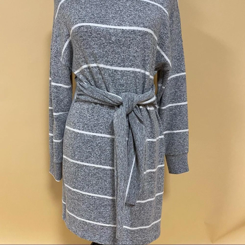 Topshop Fleece Grey White Striped Long Sleeve Front Tie Waist Dress Size US 4 - Изображение 4 из 4
