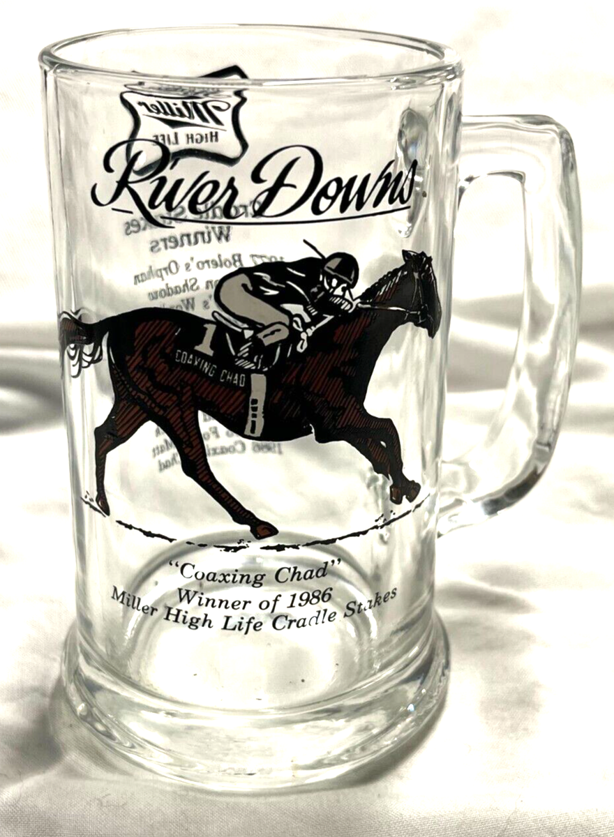Vtg River Downs Glass Beer Mug- Coaxing Chad 1986 Cradle Stakes