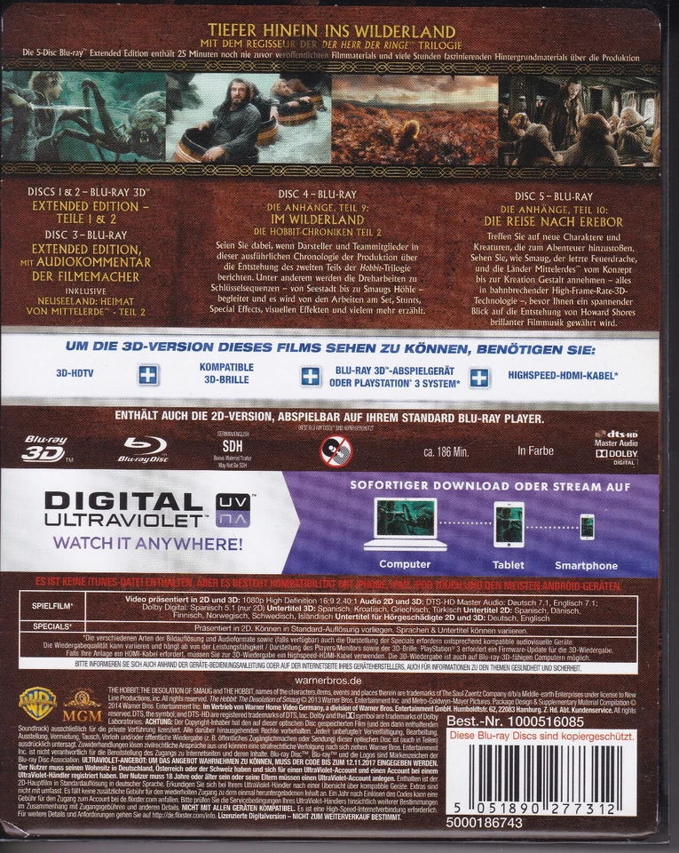 2D+3D Blu-Ray: Der Hobbit - Smaugs Einöde *Extended Edition* Steelbook - Bild 2 von 2
