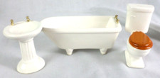 3 Different 1980 Vintage Doll House Miniature Ceramic Bathroom Tub Toilet Sink