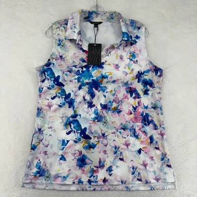 Acegolfs Damen XL ärmelloses Golf Polo Blumen abstrakt feuchtigkeitsableitend Neu mit Etikett - Bild 1 von 4