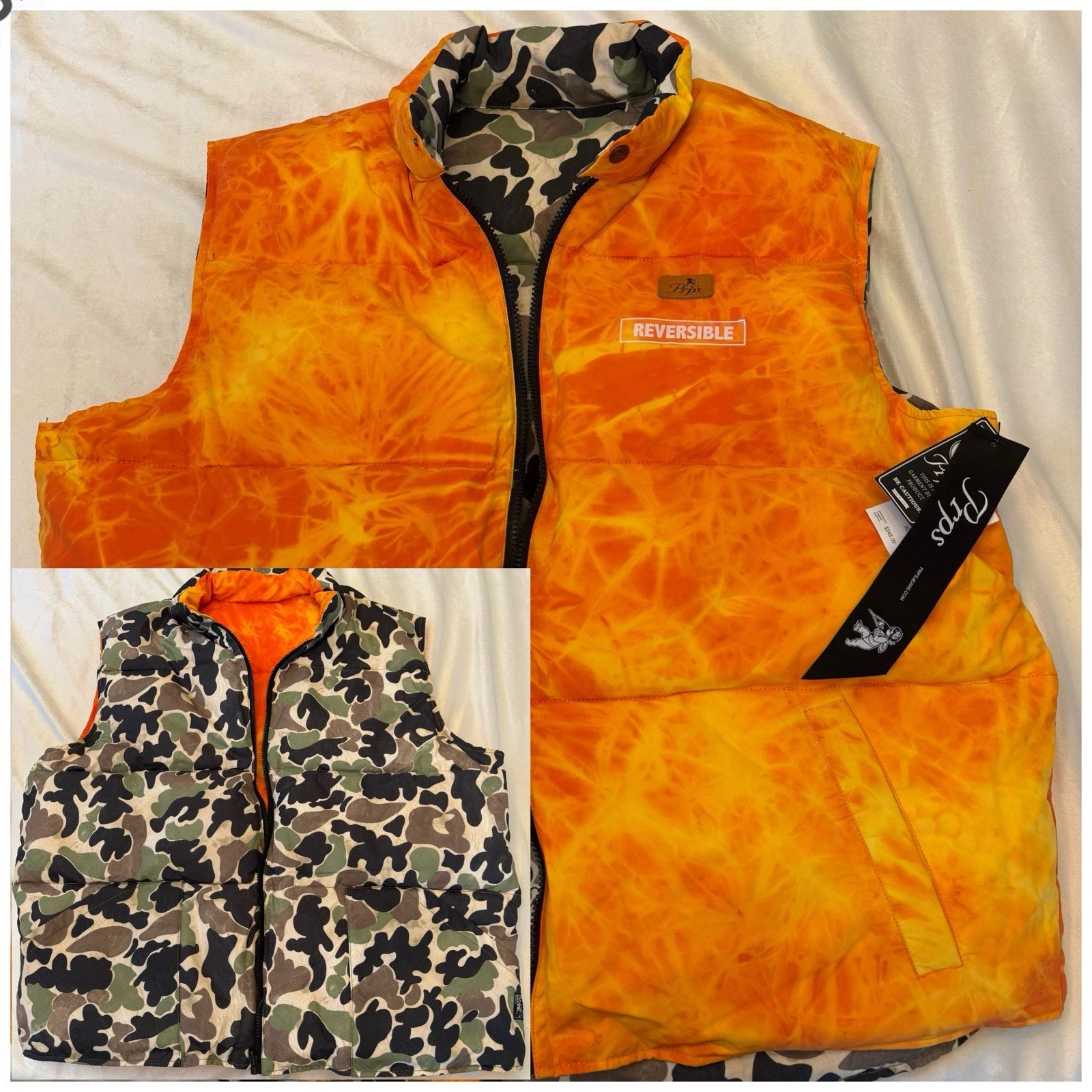 PRPS Groundbreaking Reversible Down Vest Camo Orange $248 Sz XL Mens E105JT301