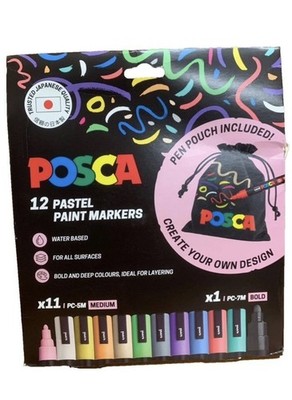 Uni-ball Posca Pastel Paint Marker Pens 12 + Pen Pouch Bag 11 x PC-5M 1 x PC-7M