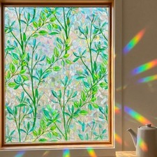 Stained Glass Privacy Window Film 3D Prism Green Leaves Sliding Door Cover St...