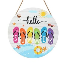 Hello Summer Beach Door Sign Colorful Coastal Door Hanger Welcome Slippers