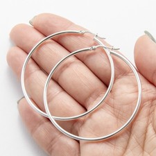2" 2mm X 50mm Plain Polished Round Hoop Earrings Real 925 Sterling Silver