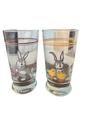Clear/Multicolor Decorated Easter Bunny  Chick Round Drinking Glasses Set 2