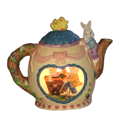 VINTAGE BUNNY TEAPOT PORCELAIN BISQUE HEART & DIORAMA With Light