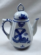 2A Vintage Delft Blue Miniature Teapot Hand Painted Windmill Ceramic Holland