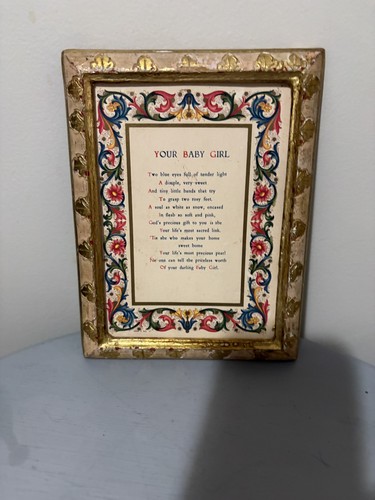 Vintage Your Baby Girl Poem Nursery Decor Made On Florence Italy 7”  X 5.25 