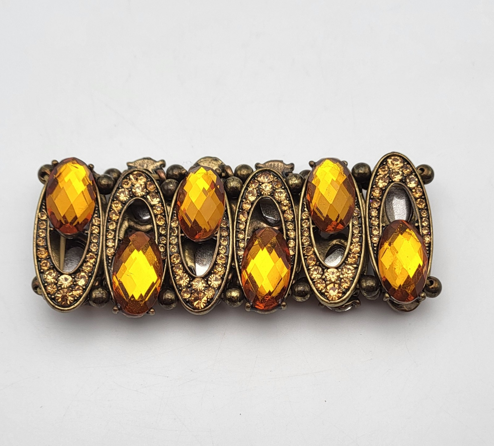 Faceted Amber Citrine Rhinestone Stretch Bracelet in Antique Brass Tone