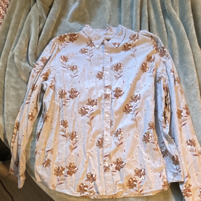 Express Women's XL Blue/Brown Floral Button-Up Collared Long Sleeve Shirt