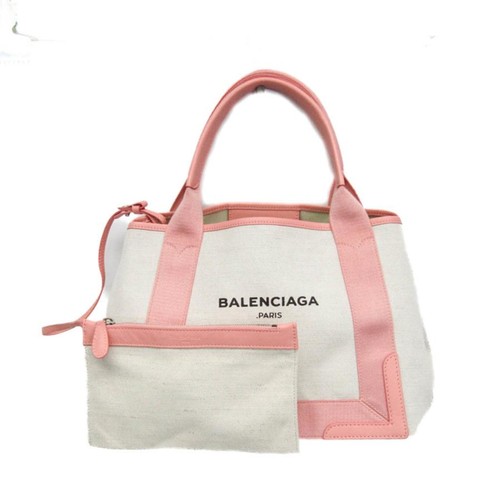 Balenciaga Navy Cabas S Tote Bag Canvas Leather Off White Pink Auth
