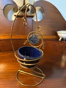 Handmade Cobalt Pottery and Copper Bird Feeder 7" Garden Decor