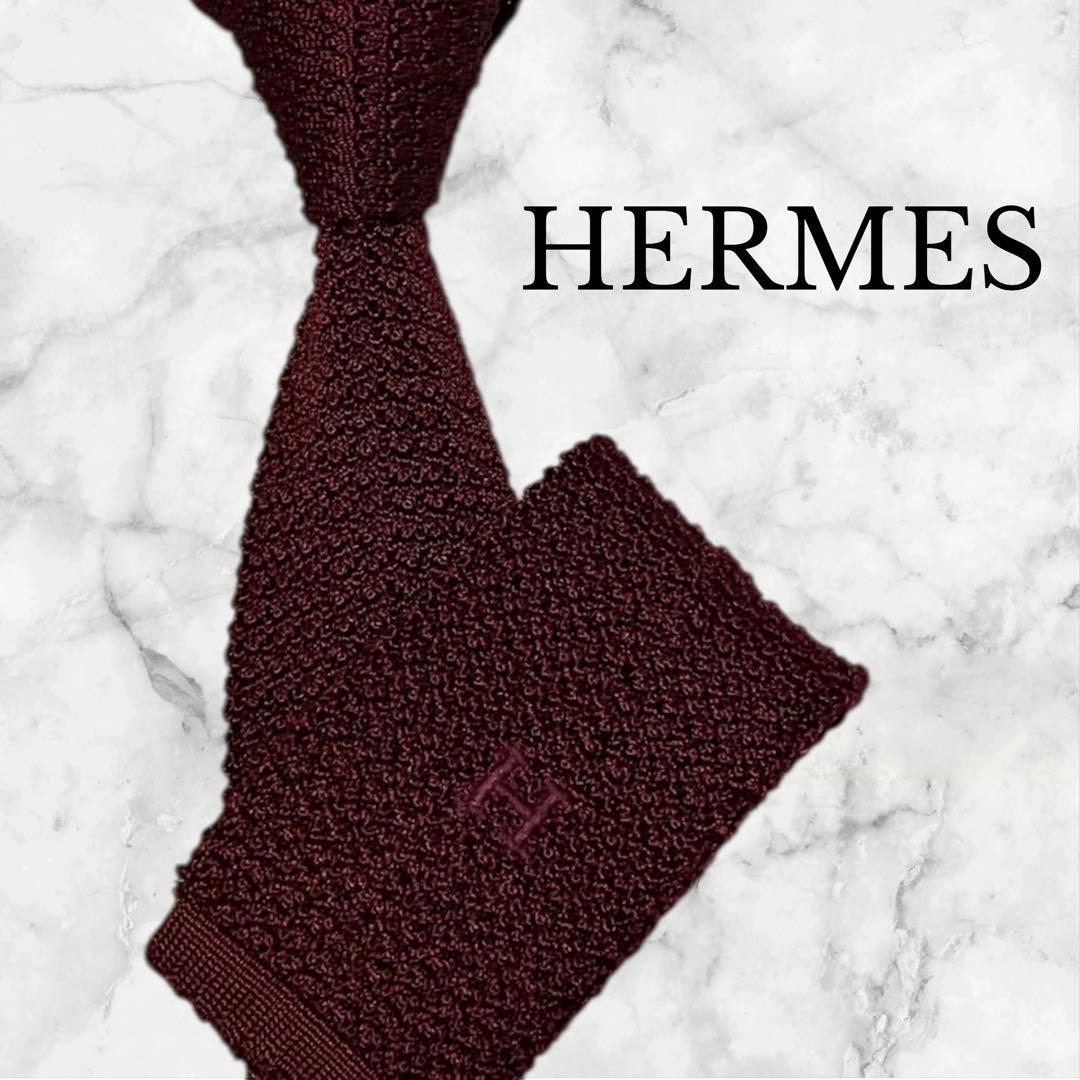 HERMES knitted tie solid red H pattern - image 1