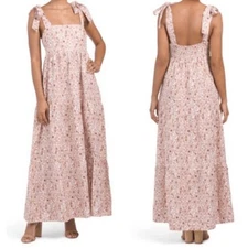 House of Harlow 1960 Floral Print Linen Blend Maxi Dress Bow Tie Shoulder NWT