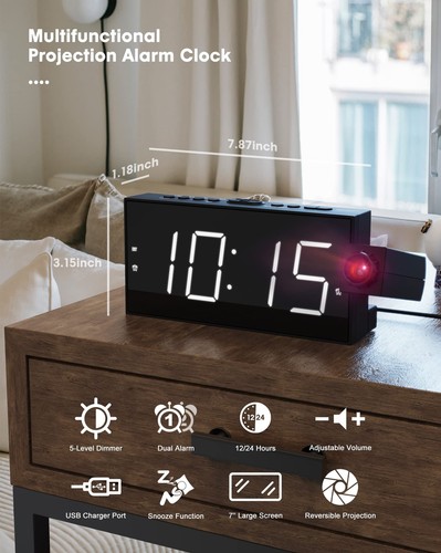 Projection Alarm Clock on CeilingDigital Clock for Bedroom with Battery Backu... - Picture 3 of 7