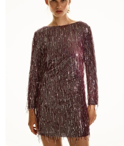 BNWT ZARA Burgundy Silver SEQUINNED Dress FRINGE LOW Back Long Sleeve S Small - Picture 4 of 21