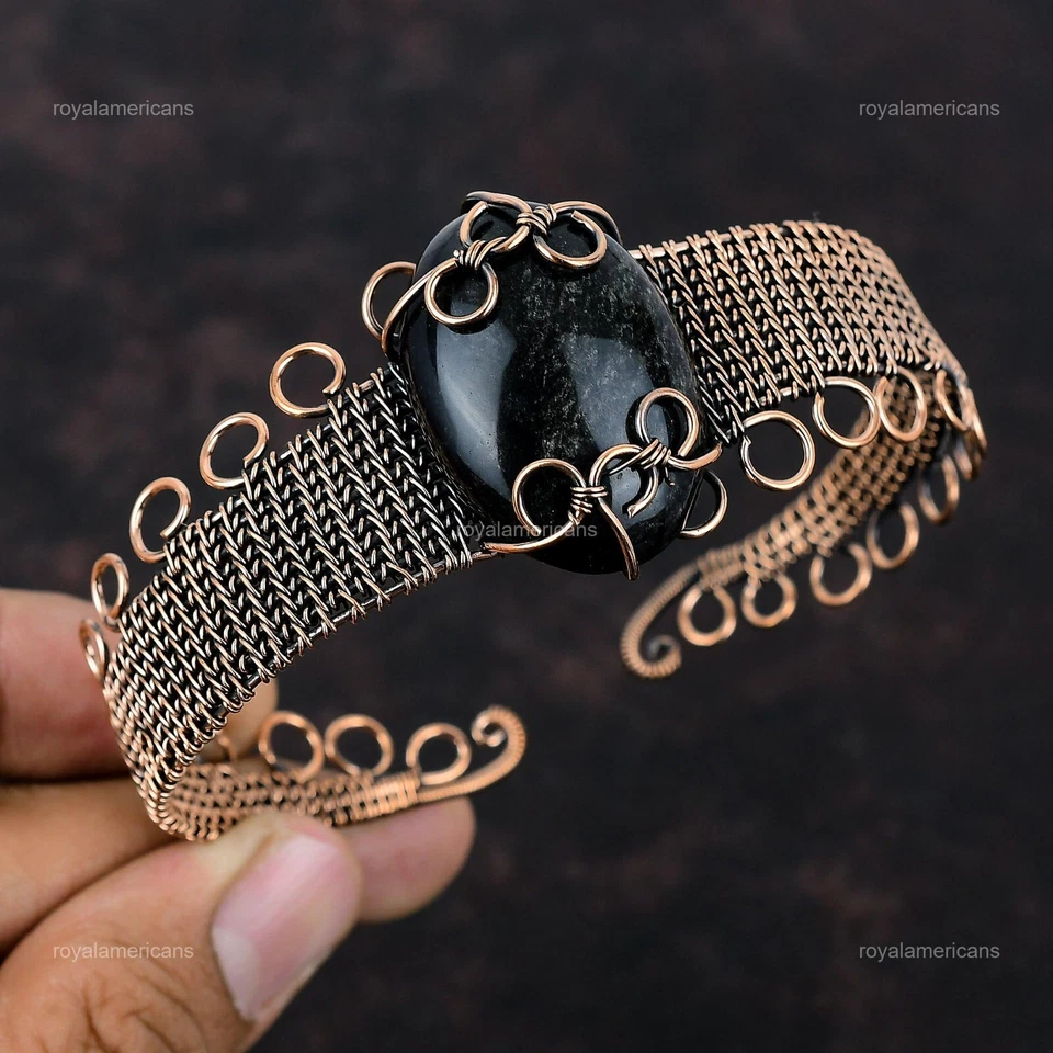 Браслет-манжета на день рождения из овального натурального серебра с блеском обсидиана Valentines Deal медь - Изображение 3 из 4