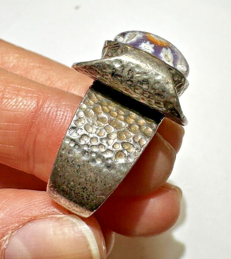 Bague Vintage Argentée Avec Inclusion Verre Millefiori - Taille 59 - Bijou Ancien Style Rétro