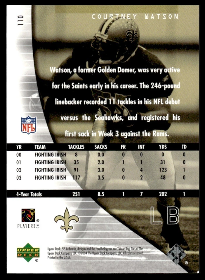 2004 SP Authentic Courtney Watson Rookie 1034/1199 New Orleans Saints #110 R99 - Image 2 of 2