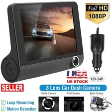 4" 1080P 3 Lens Car DVR Video Dash Cam Front/Inside Camera Motion Detection