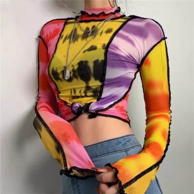 Multicolor Sheer Mesh Top long sleeve shirt funky 90s trendy