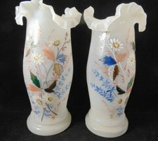 PR WHITE BRISTOL VASES W/PAINTED WILDFLOWERS PONTIL VICTORIAN DECORATIVE L@@K   