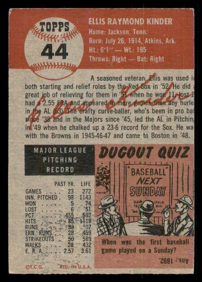 1953 Topps Ellis Kinder 44 SP Short Print Fair (pin holes) MK MC