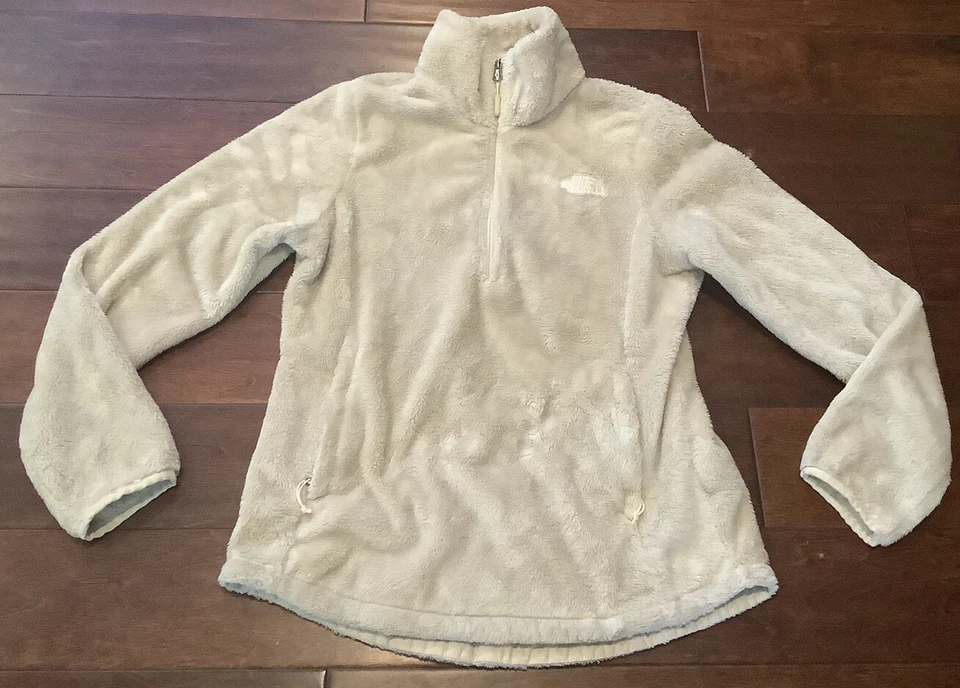 The North Face Mujer Osito Blanco Marfil Difuso 1/4 Cremallera Cálido. Chaqueta acogedora. Talla S.