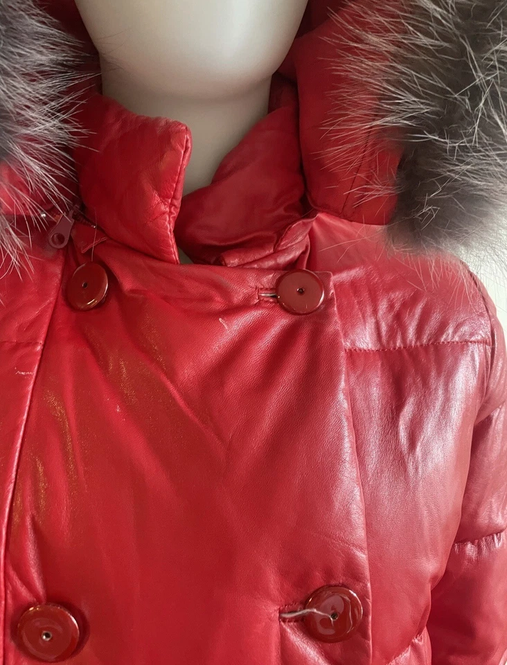 Red Leather Down Puffer Coat Fox Fur Trim S M 6 - Image 2 of 4