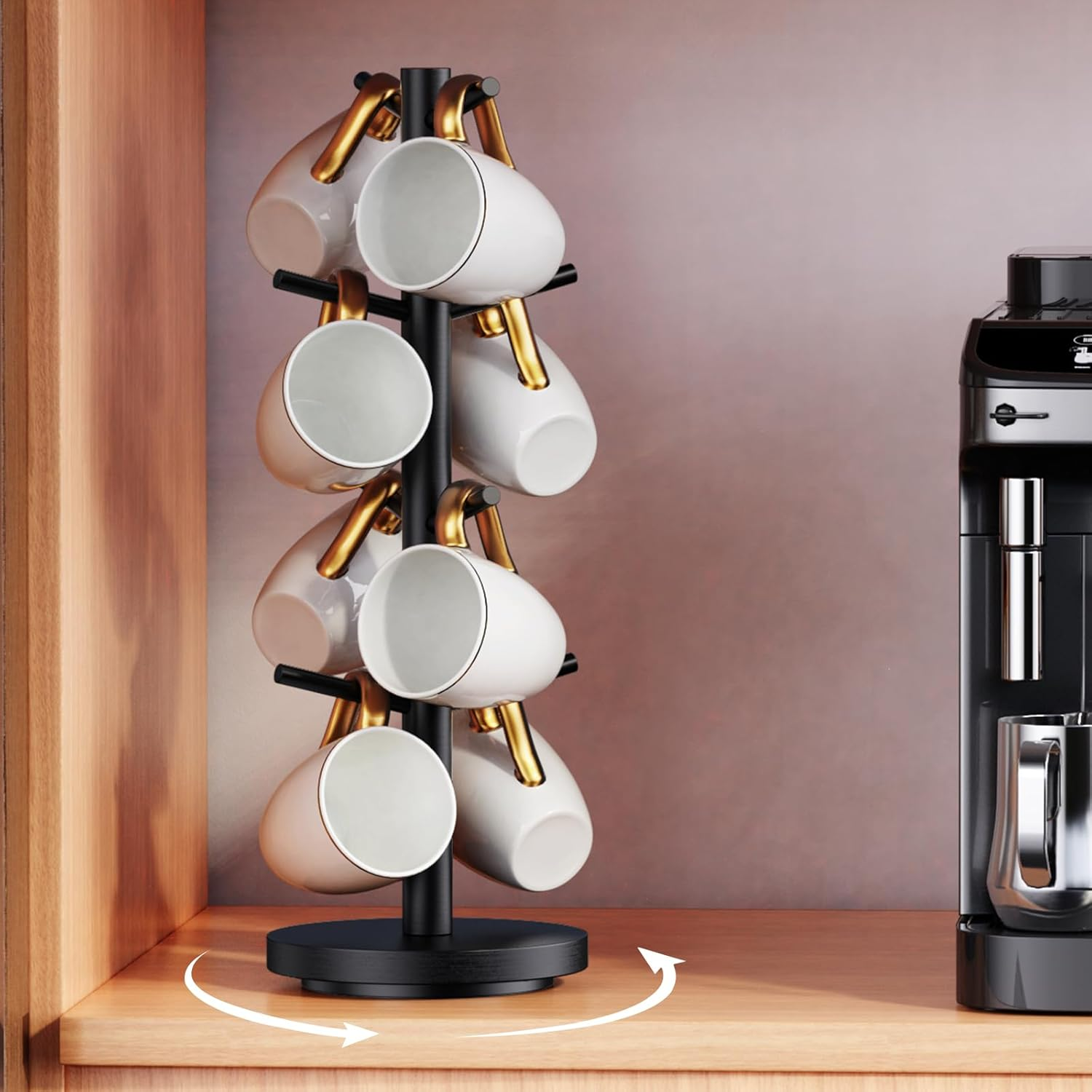 Coffee Mug Holder Tree Rack with 8 Hooks 360° Rotated Cup Holder for Counter