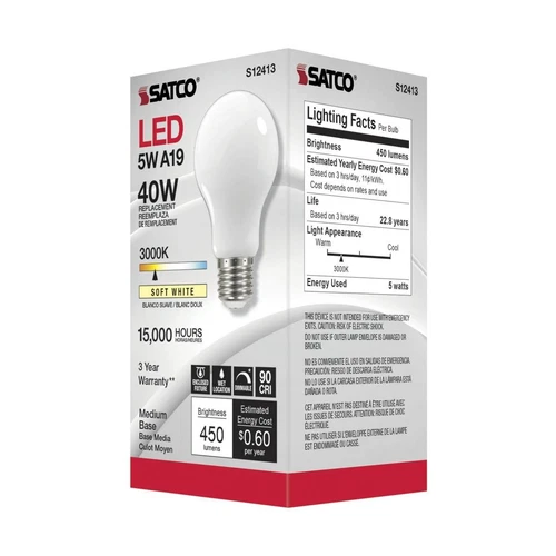 Satco S12413 - 5 Watt LED A19 Soft White LED Bulbs - 3000K - 120 Volt (6 pack) - Picture 5 of 6