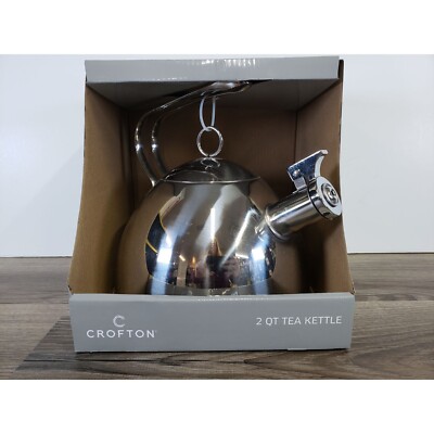 CROFTON 2 QUART SILVER TEA KETTLE STAINLESS STEEL CONSTRUCTION WHISTLE NEW