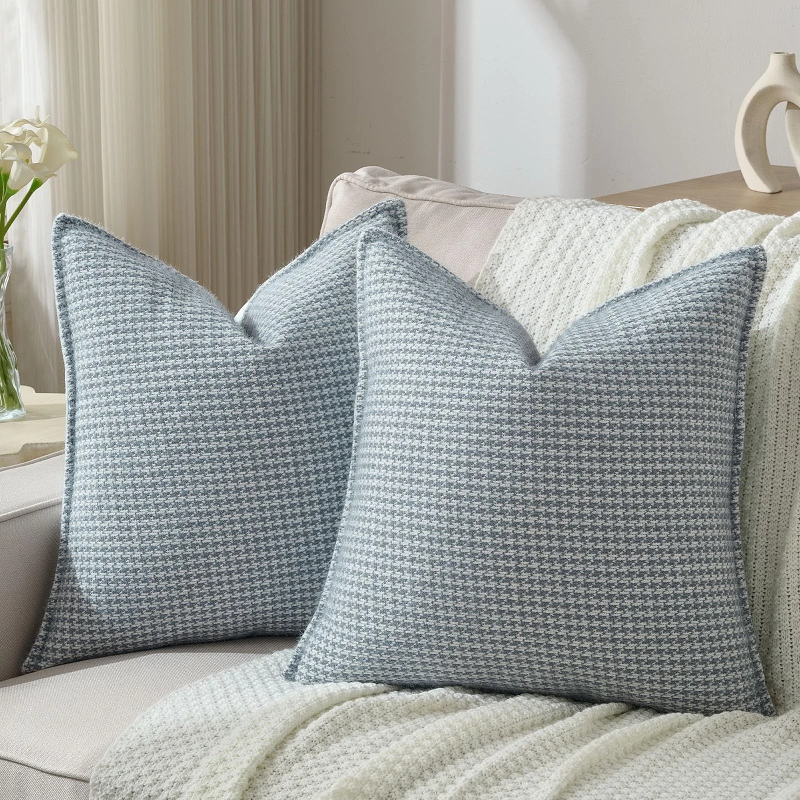 Pack of 2 Houndstooth Throw Pillow Covers 18x18 Inch Soft Chenille Gingham Te...