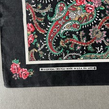 Vintage Bandana RN 14193 Black Floral Roses Handkerchief Poly/Cotton Made in USA