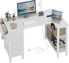 White L Shaped Computer Desk 47 Inch Corner Drawers Storage Shelves Power Outlet