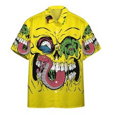 Neon Yellow Skull Snake Hawaiian Shirt, Horror Punk Graphic Aloha Button Up