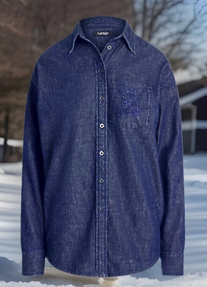 Camisa clásica Lauren Ralph Lauren nueva con etiquetas denim oscuro con cresta venta al por menor $125 talla PM Foto 4 de 4