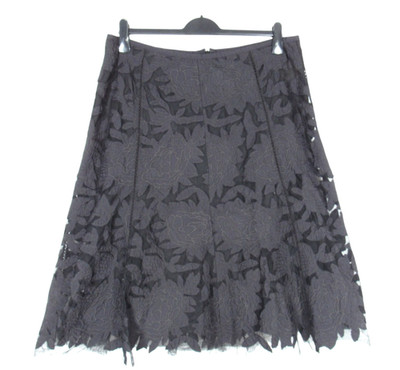 PETER NYGARD Black TEXTURED FLORAL EMBROIDERED Mesh Trim ZIP A-Line Skirt Sz 16
