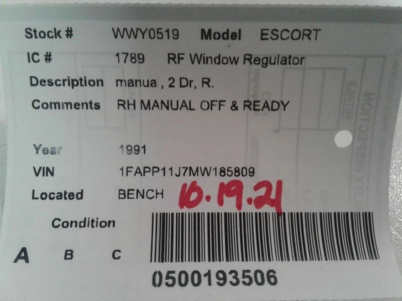 Regulador de ventana delantera de pasajero manual 2 puertas compatible con 91-96 ESCORT 634340 Foto 4 de 4