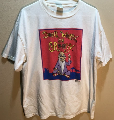 Shoebox HMK. CDS. Don't Worry Be Groovy Vintage Silver Mountain White T-Shirt XL