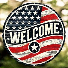 Patriotic American Flag Welcome Sign Rustic Red White Blue