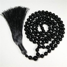 Natural Black Agate Gemstone Tassel Necklace 108 Beads Religious Lucky 8mm