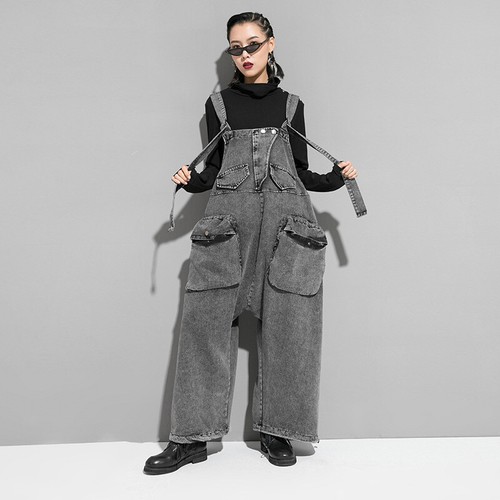 Mujeres Hip Hop Pantalones con Tirantes Denim Lavado Ropa de Calle Pantalones Sueltos - Imagen 4 de 7