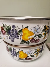 pair of enamelware bowls with fruit pattern, 6.25" & 5.5" diameter