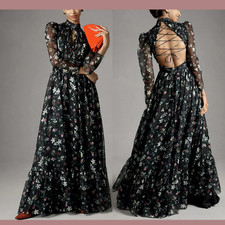 NWT 598 MAC DUGGAL  6  Chiffon Floral Hi Neck Puff Sleeve Gown Black J480