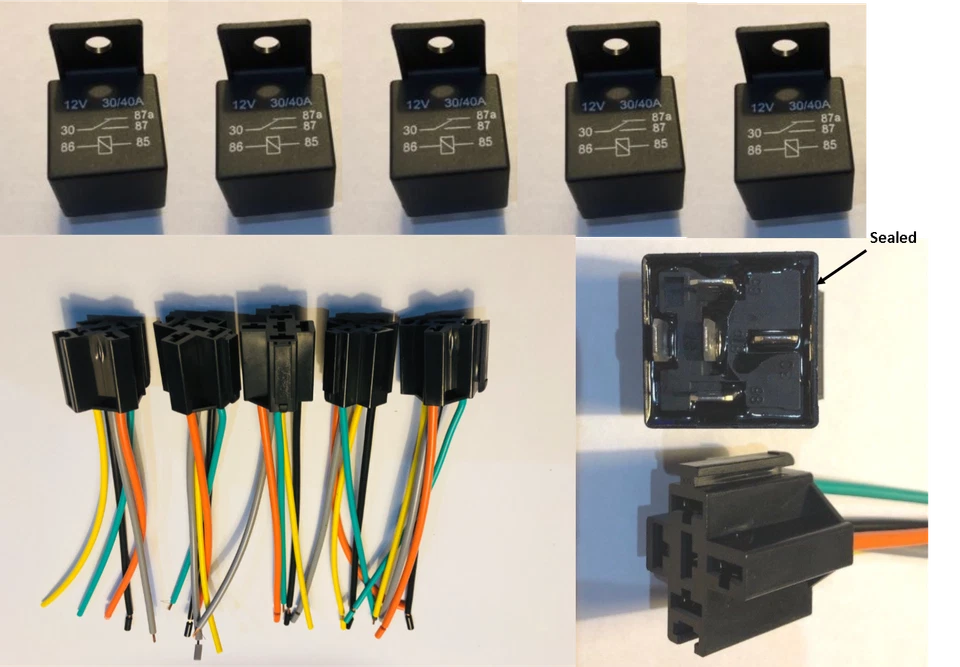 5 Pack 12V 30/40 Amp 5-Pin SPDT Automotive Relay with Wires & Harness Socket Set - Image 2 of 2